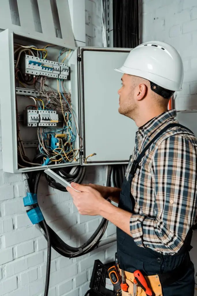 Electrician in safety helmet looking at switchboar 2024 11 11 16 22 15 utc