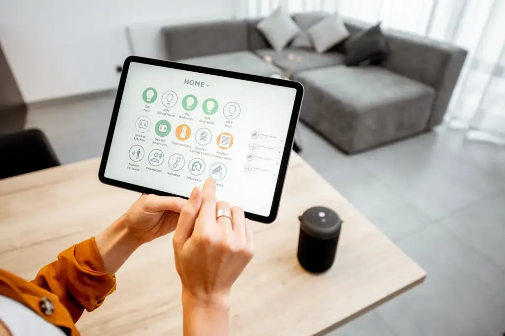 Woman controlling smart devices with a digital tab 2025 03 13 07 55 27 utc
